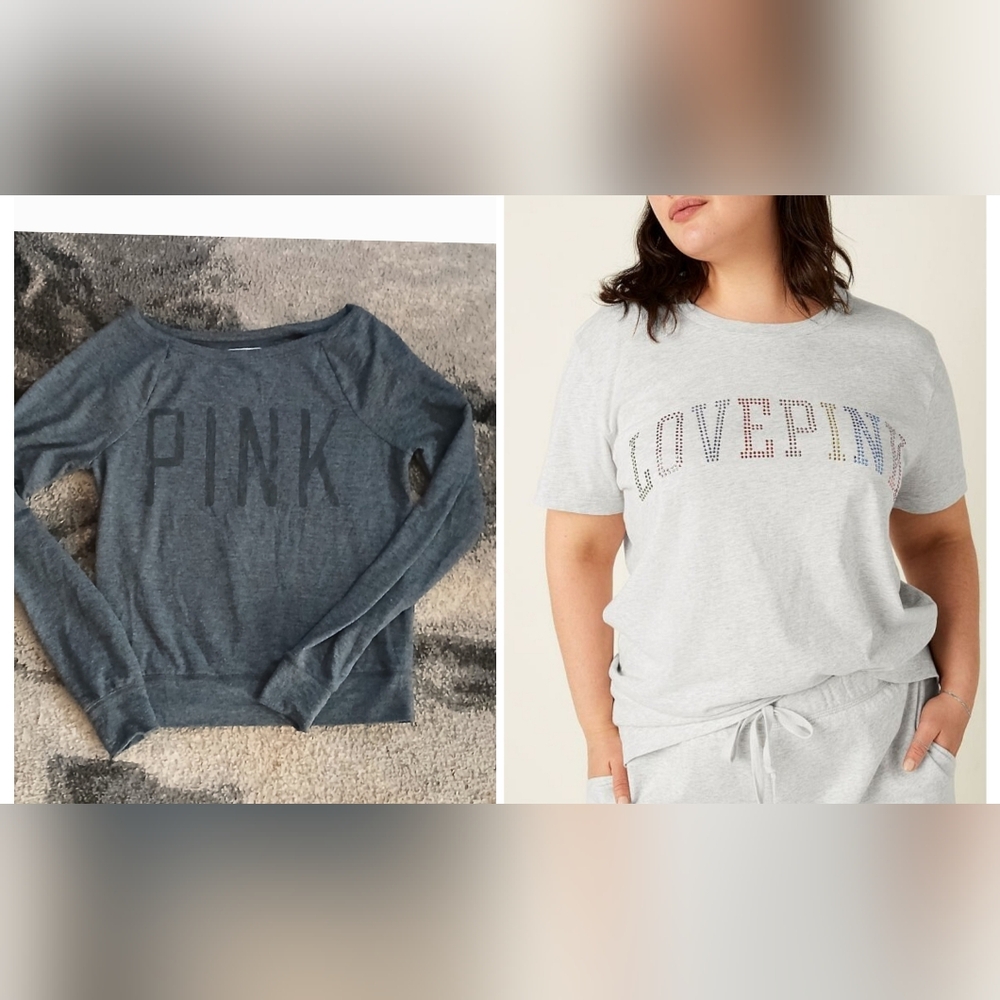 Y2k Style Gray PINK Long Sleeve Sweatshirt And Bling Tee Bundle XS